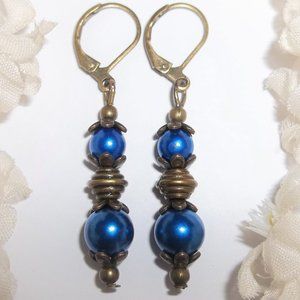Boho Earring, Blue Earring, Blue Dangle Earring, Blue and Bronze Earring 7528